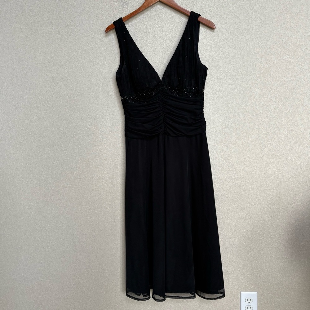 JS Boutique‎ Black Beaded Ruched Midi Dress Women’s Size 10 Holiday Party